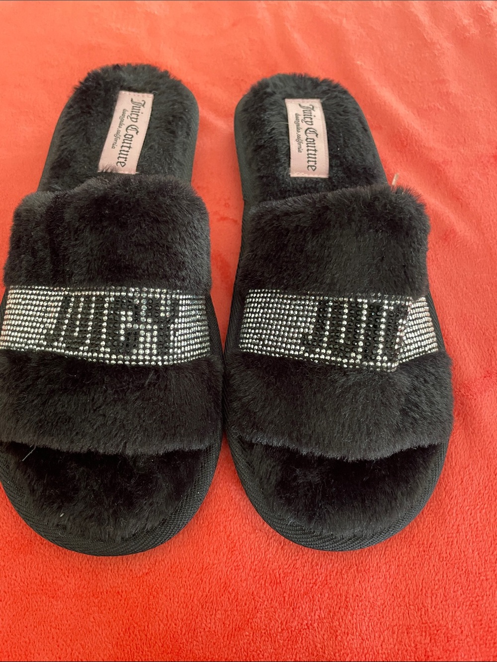 Juicy Couture Black Faux Fur Crystal-Embellished Slide Slippers